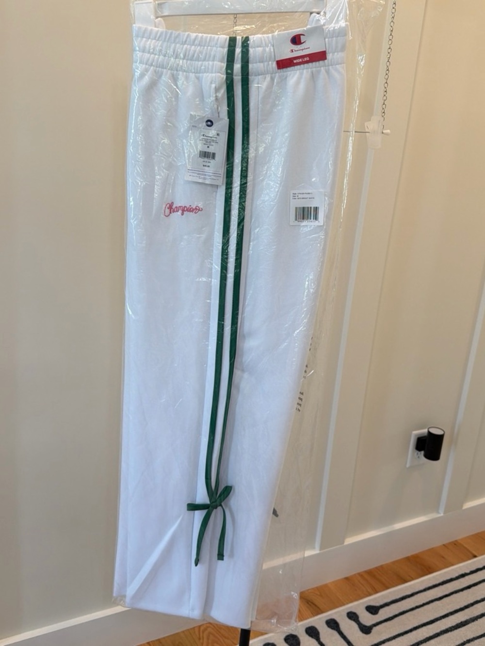 Champion White Wide Leg sweatpants with Green Side Stripe bow detail #865